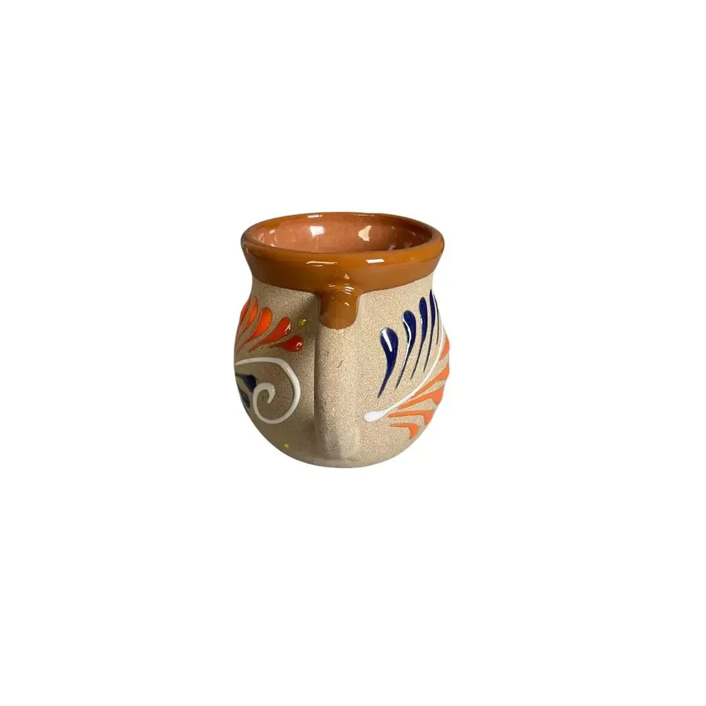 Mexican Tonala Sandstone Pottery Mug With Hand Painted Enamel & Glazed Interior